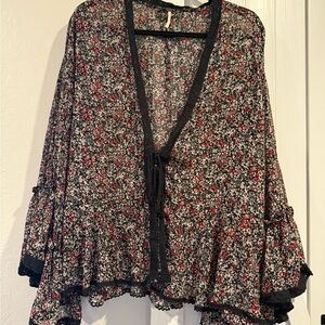 Free People Floral Tie-Front Sheer over Blouse - Black with Red & White Floral
